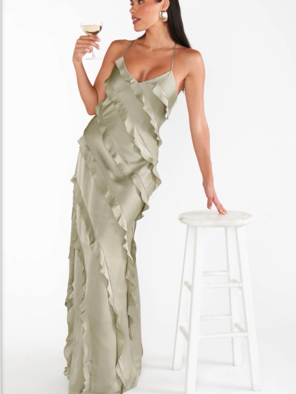 Show Me Your MuMu Sage Ruffle Satin Maxi Dress